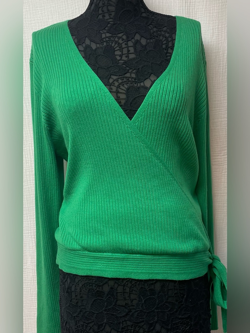 Forever 21 Green Ribbed Wrap V-Neck Sweater